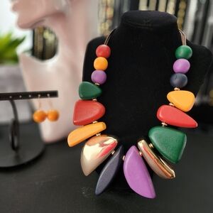 Chunky Multi Color Wood and Gold Bib Necklace Earrings Set